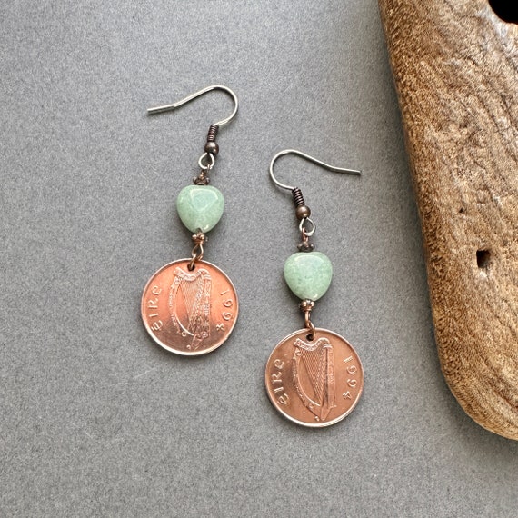 1994 Irish penny earrings with green aventurine hearts and stainless steel ear wires, for a perfect 30th birthday or anniversary