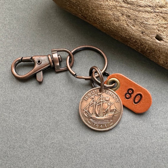 80th birthday gift, 1944 half penny available as a key ring  or clip, ship coin 80th gift