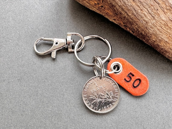 French 50th birthday or anniversary gift, choose between a 1973 or 1974 French One franc coin key ring or clip