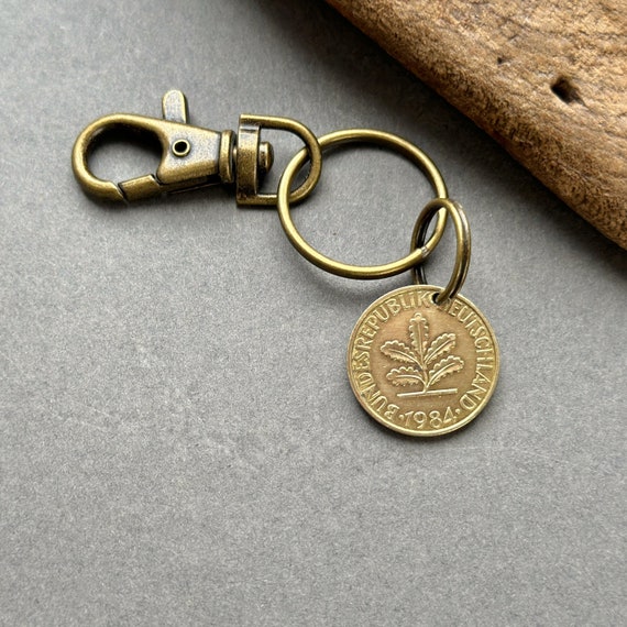 40th birthday gift, 1984 German coin clip style Keyring, Germany 10 pfennig