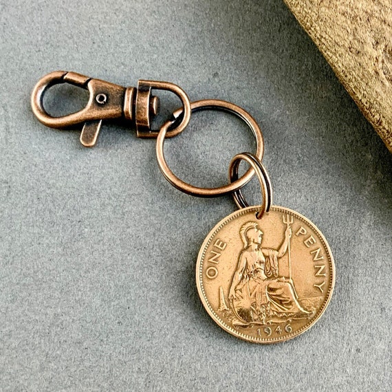 1946 big British penny clip, U.K. coin keyring, a perfect 78th birthday gift