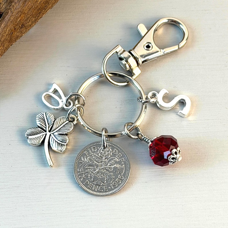70th birthday 1956 sixpence charm, bag clip, personalised gift, choose initial & birthstone colour, for a 70th birthday in 2026 image 11
