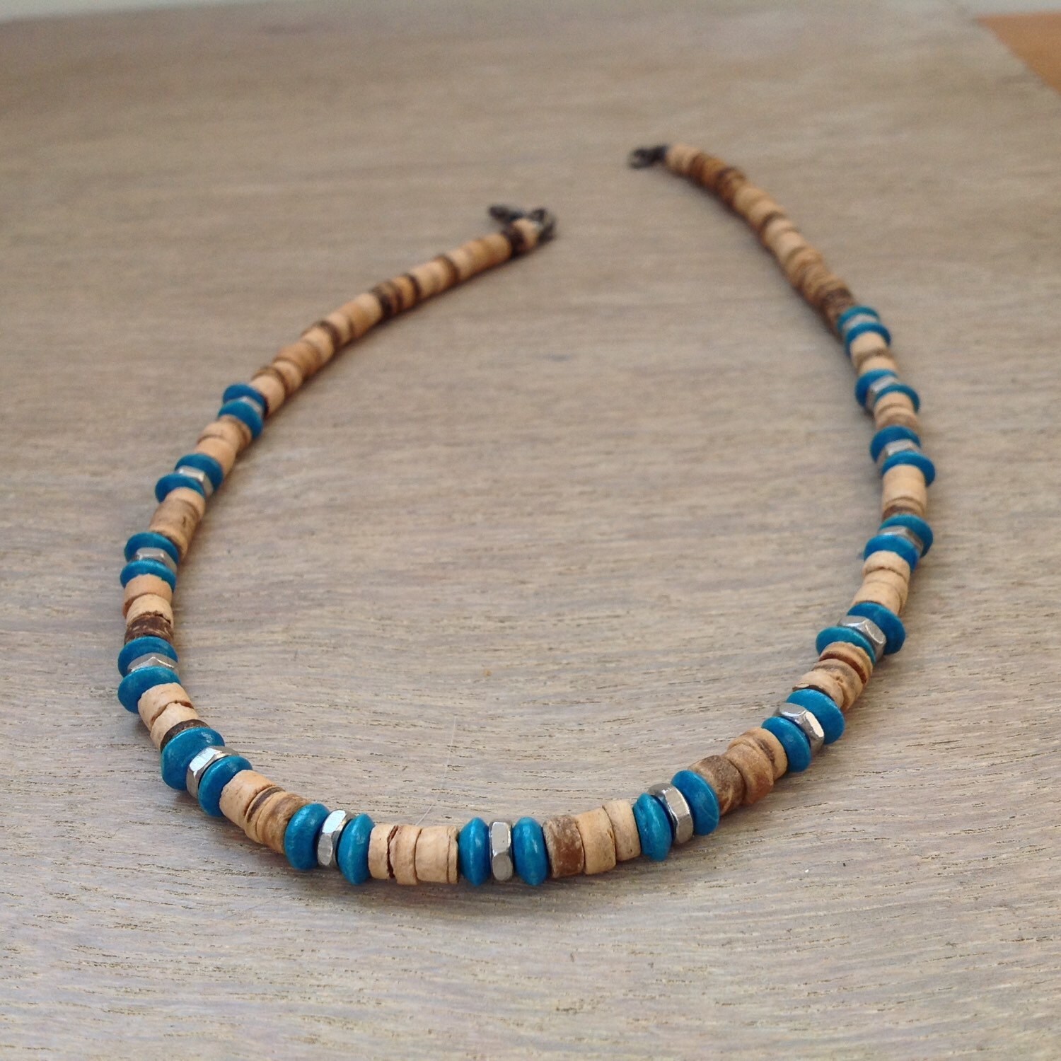 Hex nut and wooden bead necklace, hardware jewelry, mens necklace
