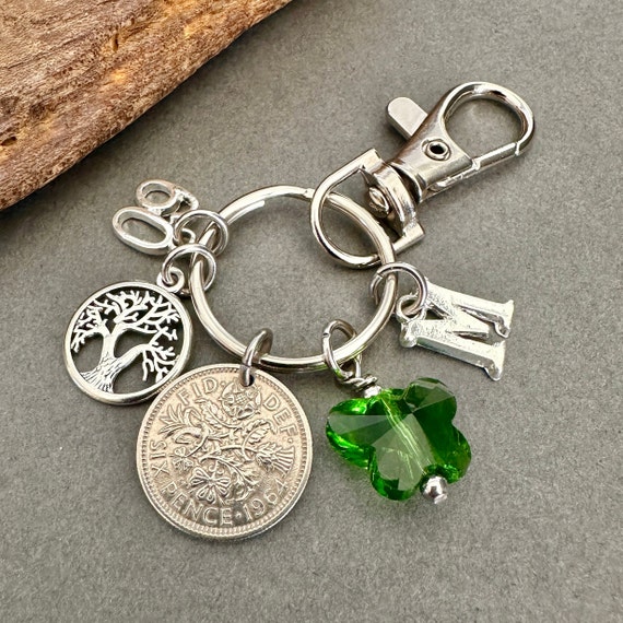 1964 sixpence and butterfly charm bag clip or Key ring, choose initial, personalised gift, green cut glass butterfly charm