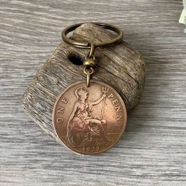 1927 British big penny keyring, keychain or clip, birth year coin for 97th  birthday gift