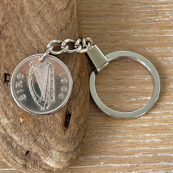 60th birthday gift, 1964 Irish shilling key chain, keyring or clip, perfect 60th anniversary gift from Ireland