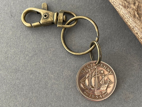 70th birthday gift, 1954 British halfpenny clip, UK ship coin great for a  70th birthday or anniversary gift, ship coin Key ring