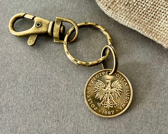 1987 polish coin keyring clip, 5 zlotych keychain, Poland 37th birthday gift or Anniversary present