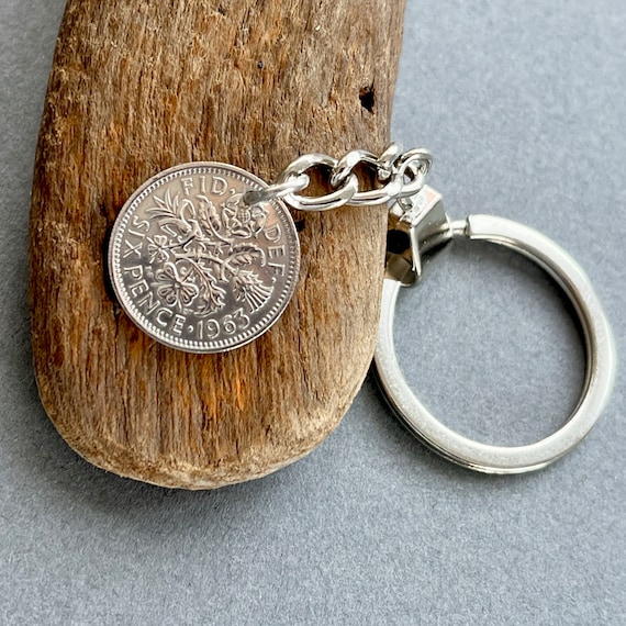 1963 British sixpence keyring, UK coin keychain, a perfect 61st birthday or anniversary gift