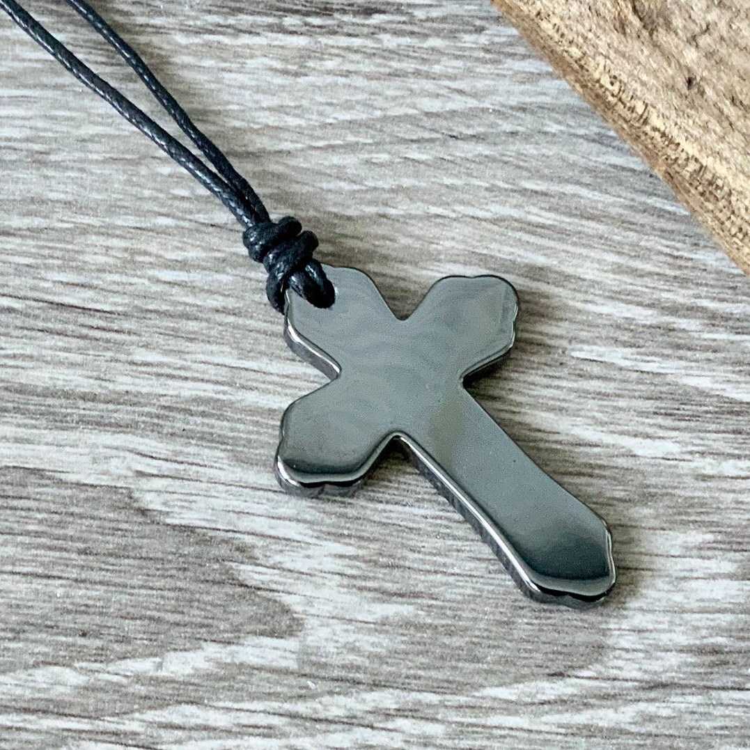 Large Hematite Cross necklace, on a thick black Cotton cord, long cross