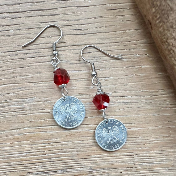 Polish coin earrings, 1949 1 groszy from Poland, tiny aluminium coin earrings with a red bead