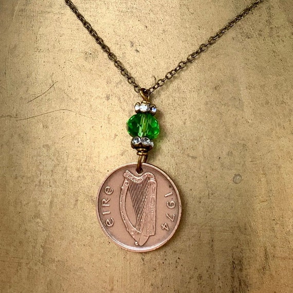 1974 Irish penny pendant necklace, Eire harp coin, celtic jewellery for a perfect 50th birthday or anniversary gift