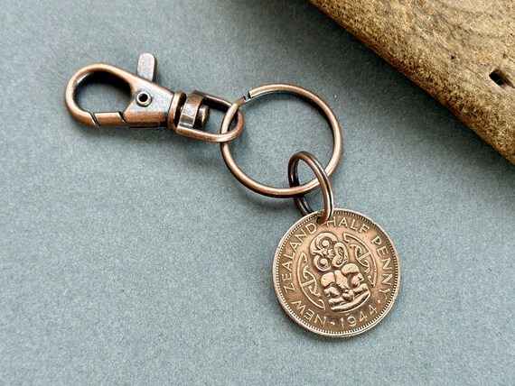 80th birthday gift New Zealand 1944 half penny clip style keyring, Māori hei-tiki coin keychain clip, coin collector gift