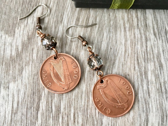 1990 Irish penny long dangle earrings, Eire Ireland anniversary present 34th birthday gift for a woman