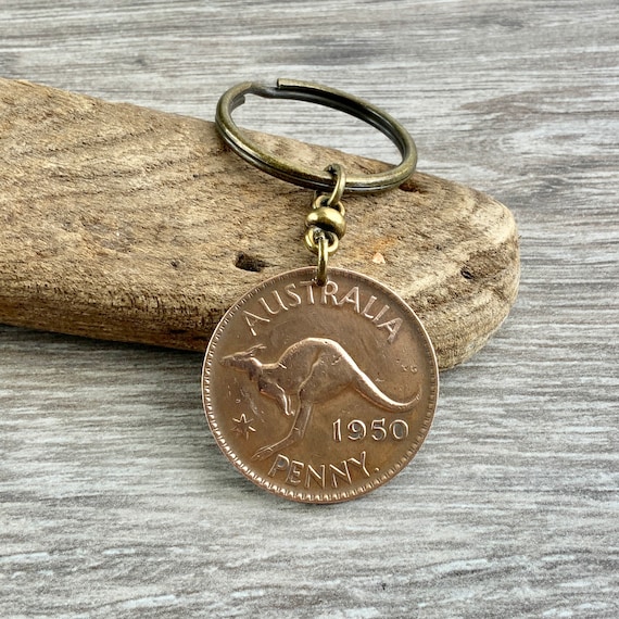 1950 Australian penny keychain, kangaroo Keyring or clip, 72nd birthday gift, Australia retirement, Aussie present