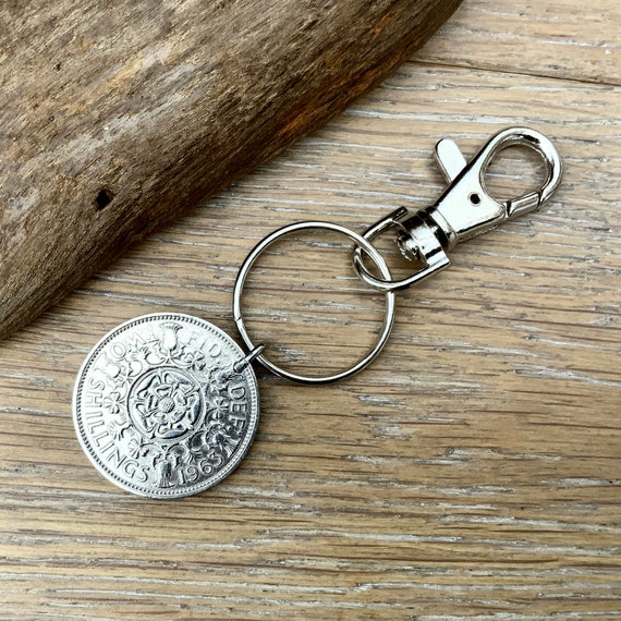 1963 British florin coin keyring clip, two shilling coin, a perfect 61st birthday gift or anniversary present