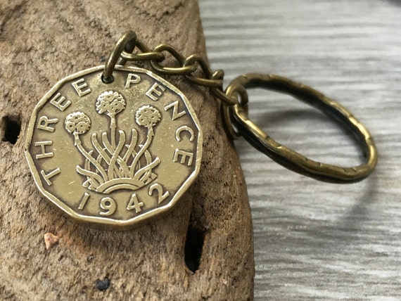 1942 UK threepence clip, English brass three penny coin keyring, 82nd birthday gift