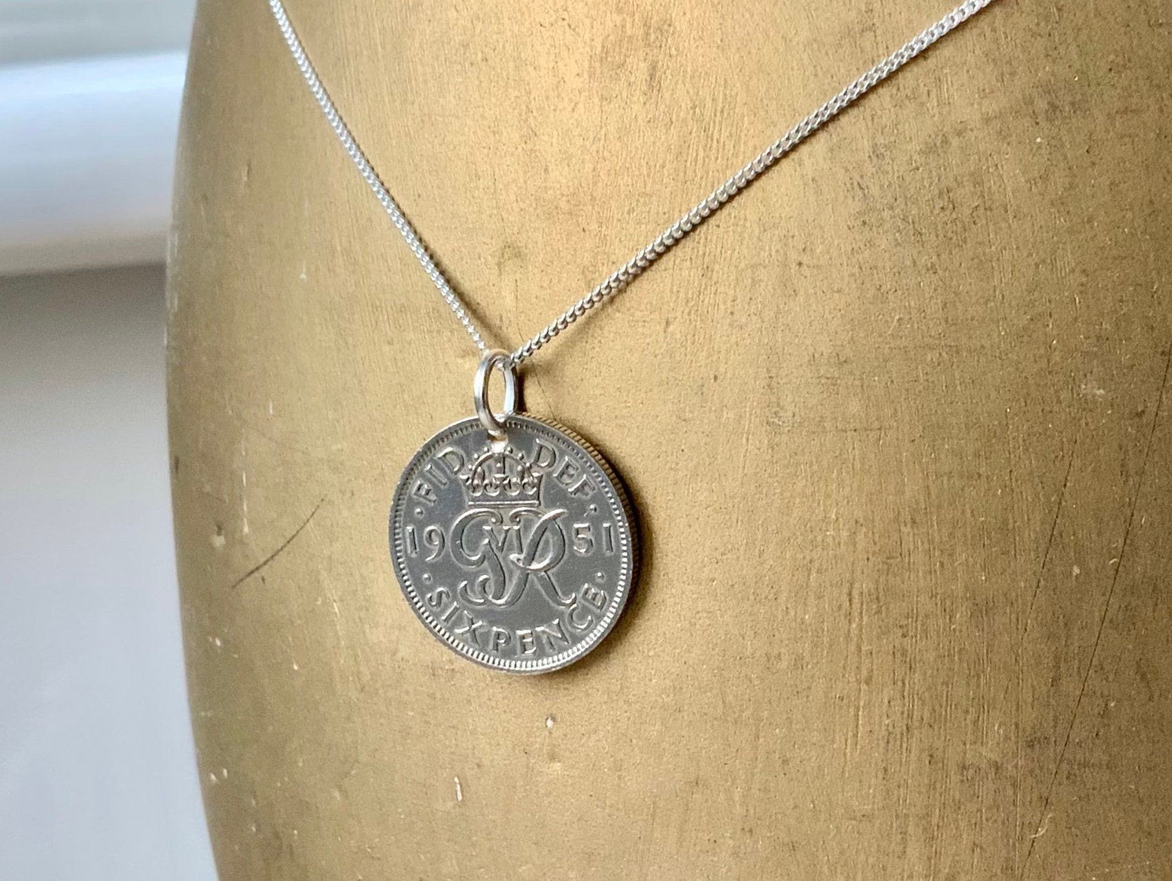 British Lucky Sixpence Necklace on a 