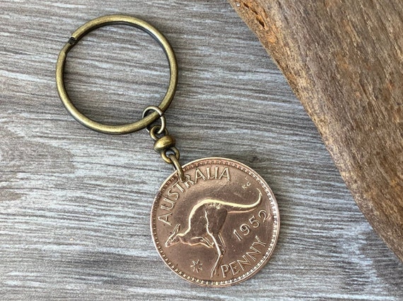 1952 Australian kangaroo penny keychain or clip, a perfect 72nd birthday gift from Australia