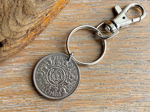 1962 British florin coin keyring clip, two shilling coin, a perfect 62nd birthday gift or anniversary present