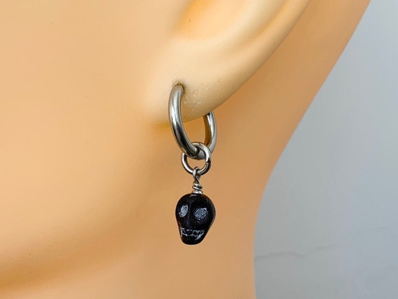 Black skull thick hoop earring, available as a single earring or a pair of earrings, boyfriend gift, girlfriend gift