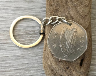 1978 Irish coin keyring or clip, keepsake 45th birthday gift or anniversary present for a man or woman, Celtic key chain, 50p from Ireland