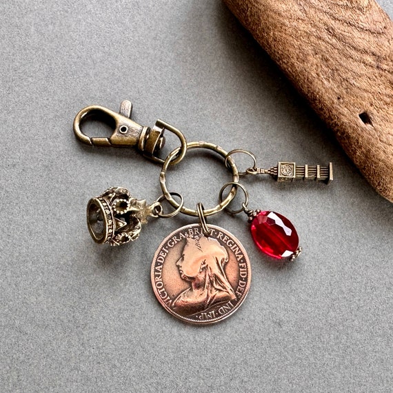 Victorian penny bag charm, keyring, British antique 1897 coin Keychain, Queen Victoria accessory gift for her, English present for a woman,