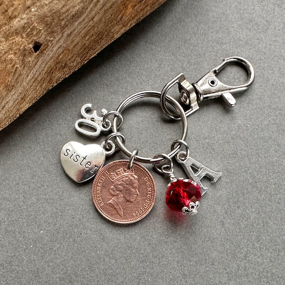 30th birthday gift for a sister Birthstone and lucky penny charm, 1994 British coin bag clip, personalised gift, choice of initial