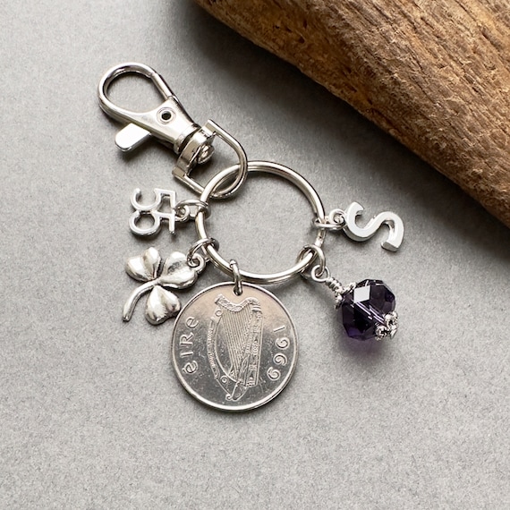 55th birthday gift, Irish Five pence coin Birthstone charm clip, 1969 Irish coin keyring or bag clip, choice of initial & birthstone colour