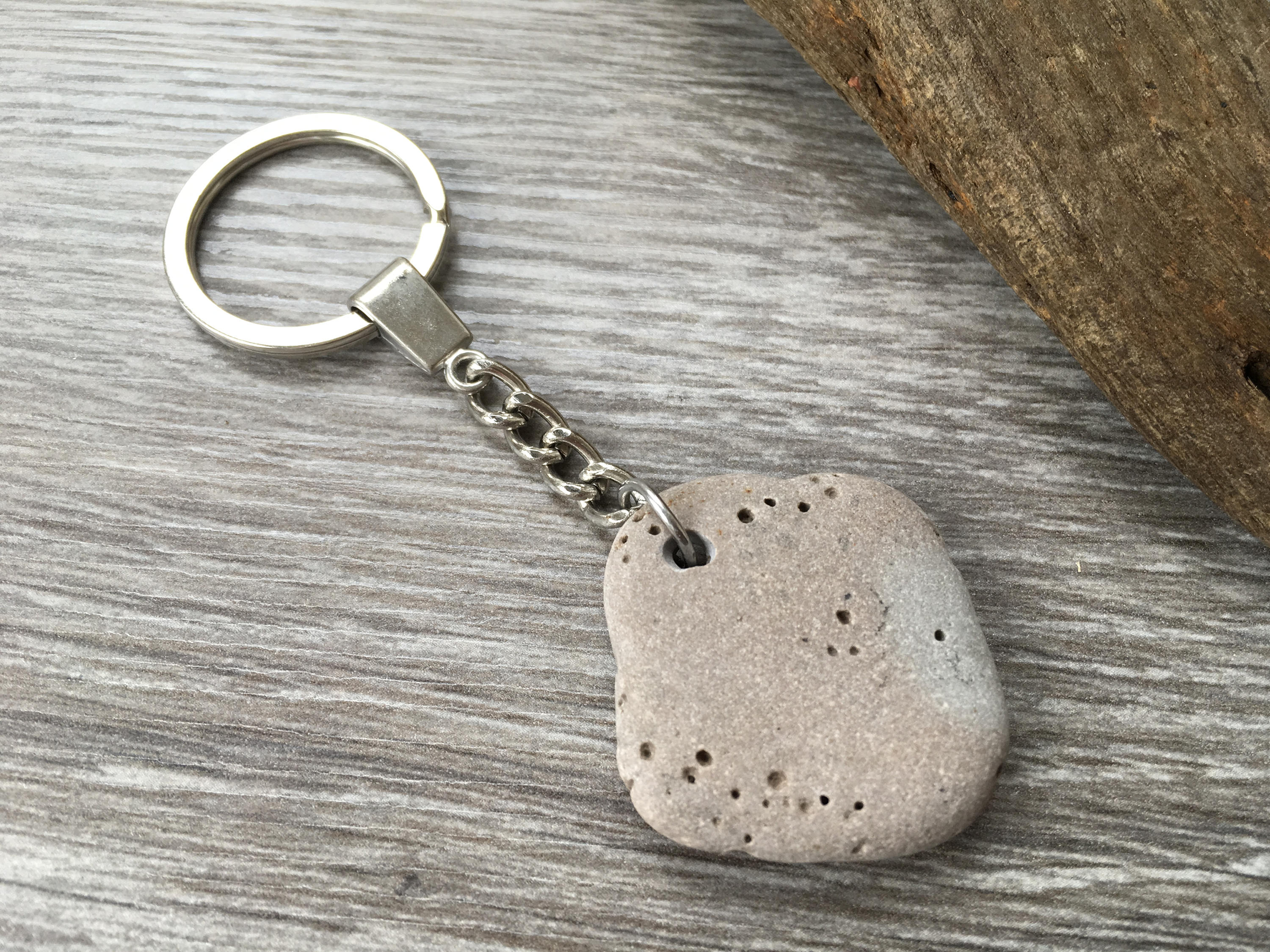 Pebble keyring, raw stone, lucky beach rock key chain Cornwall, cool