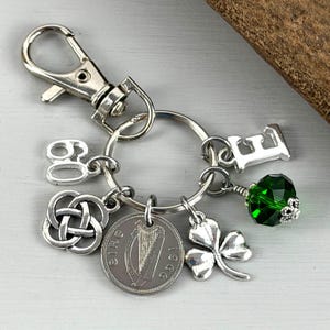 60th Birthday Gift: 1966 Irish Threepence Coin Bag Clip, Shamrock & Initial Charm