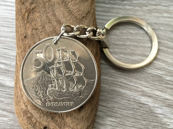 1969 New Zealand coin keyring, Endeavour 50 cent coin, 55th birthday or anniversary gift idea