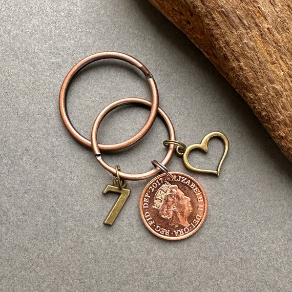 7th anniversary gift, Celebrate 7 years together with a 2017 British penny key ring or clip, copper anniversary gift