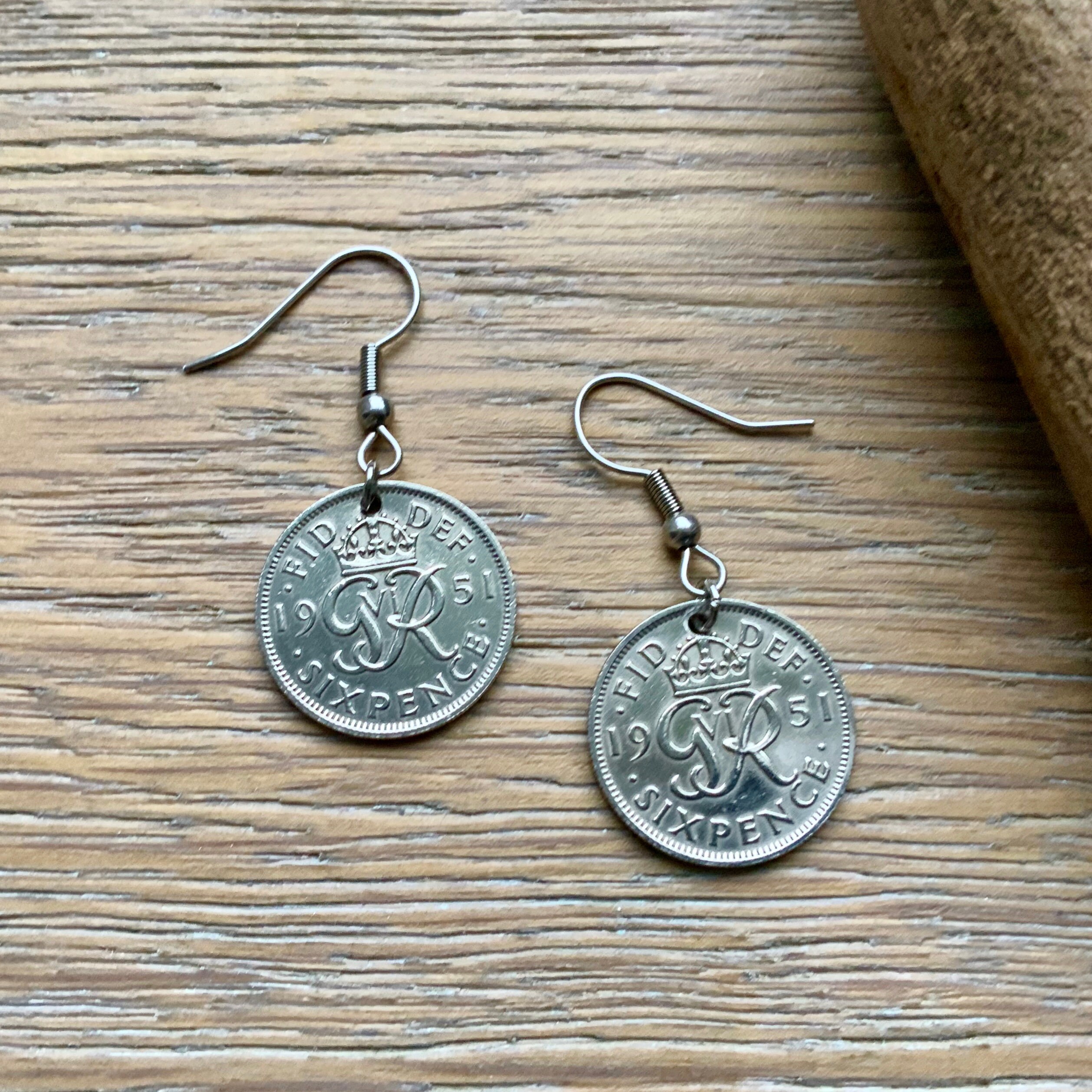 British sixpence earrings with stainless steel or Sterling silver ear