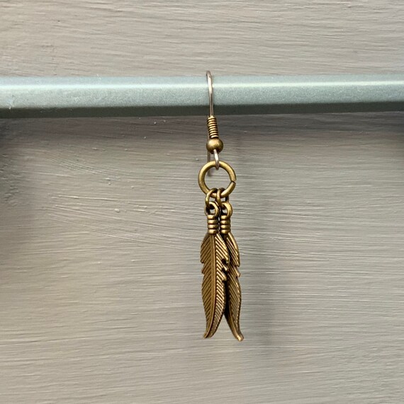 Boucles D'oreilles Pendantes Rétro Plume Et Strass - Métal Bronze, Crochet, Neuves Sans Emballage