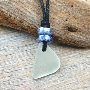 Natural sea glass pendant necklace, Cornish sea glass and blue calming gemstone necklace with a waxed cotton cord image 1