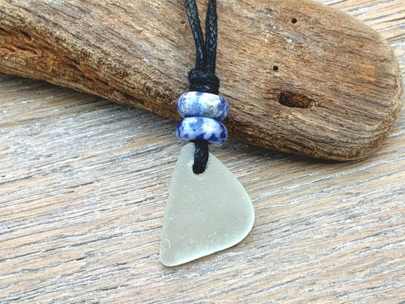 Natural sea glass pendant necklace, Cornish sea glass and blue calming gemstone necklace with a waxed cotton cord