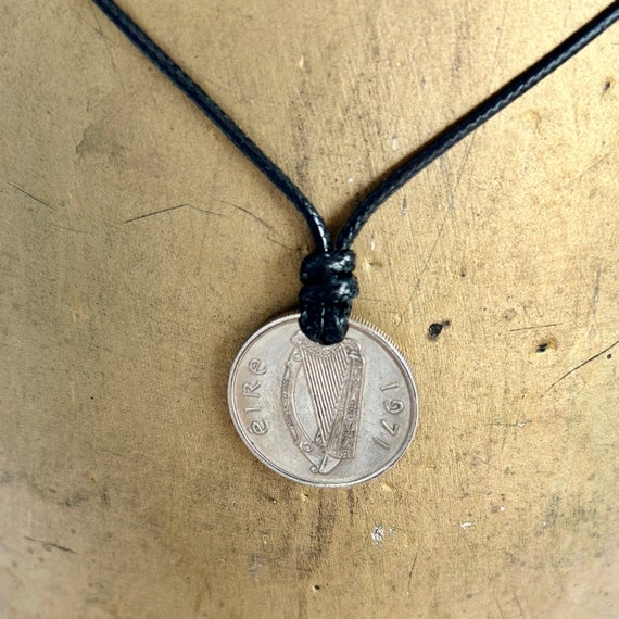 Irish coin pendant necklace choose coin year for a perfect birthday or anniversary gift, on an adjustable black Korean waxed cord