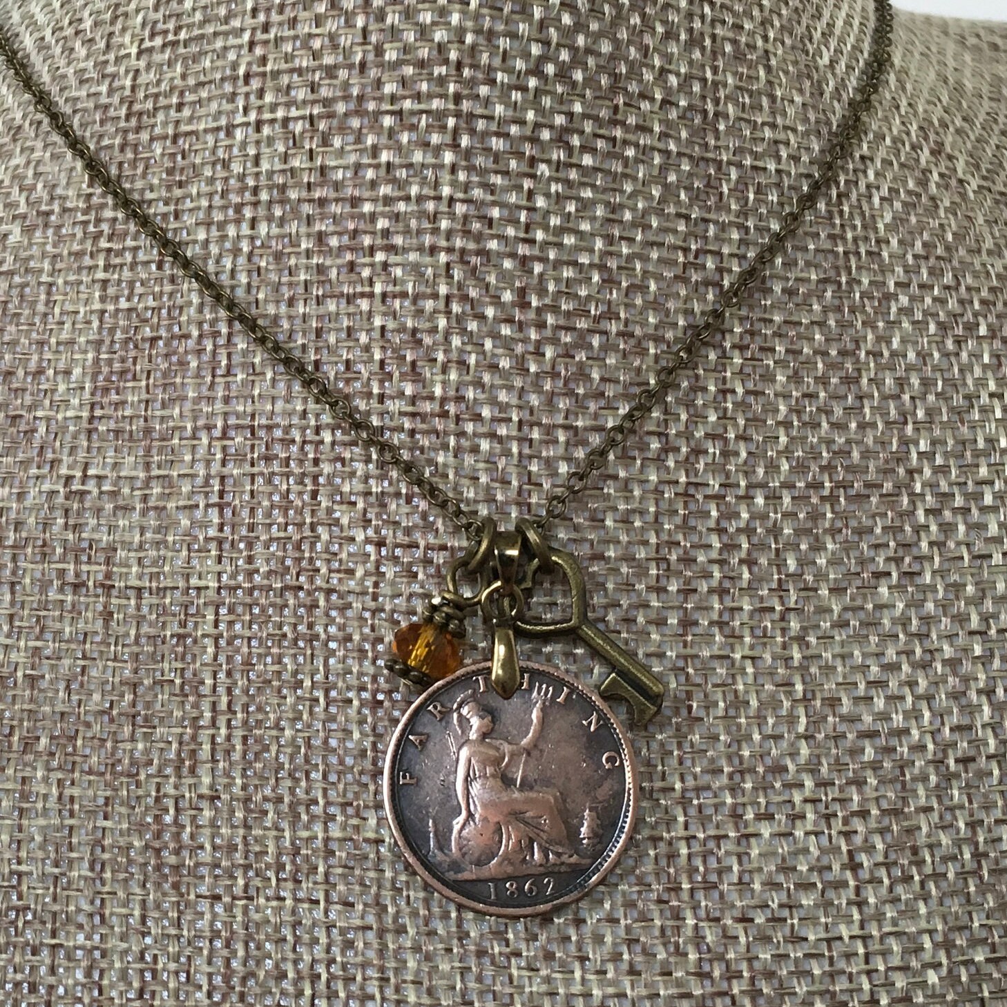 Victorian 1862 coin necklace, British farthing pendant, English