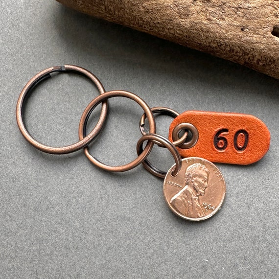 1964 USA coin key chain, 60th birthday gift,  American one cent key ring, lucky penny clip, anniversary, present for a man or woman