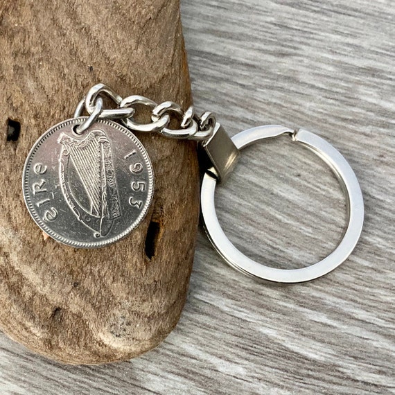 1953 Irish sixpence keyring, keychain, purse charm, bag charm, Irish wolfhound coin clip, 71st birthday gift