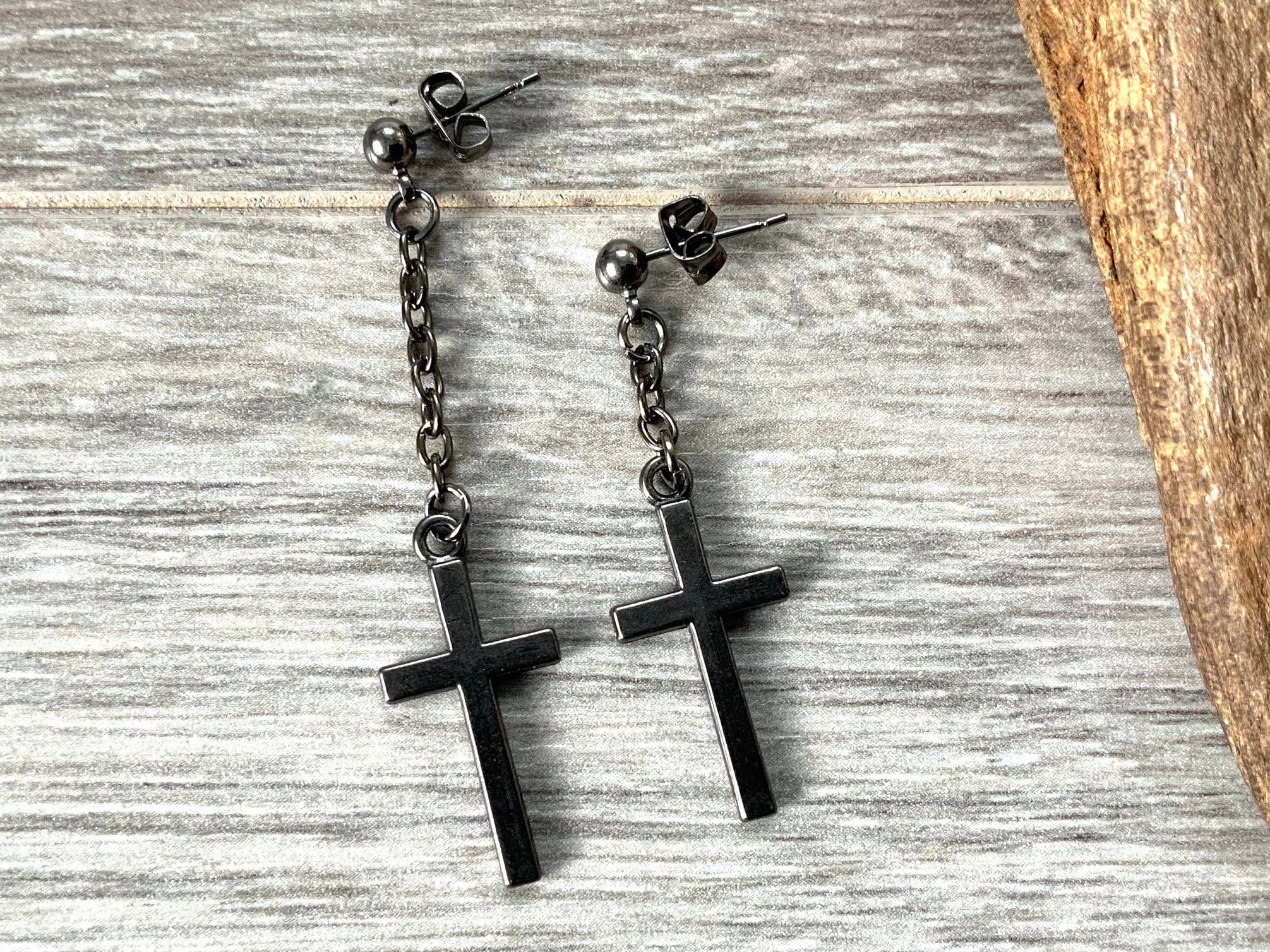 Asymmetric Cross earrings, Long dangle Mismatched gunmetal earrings