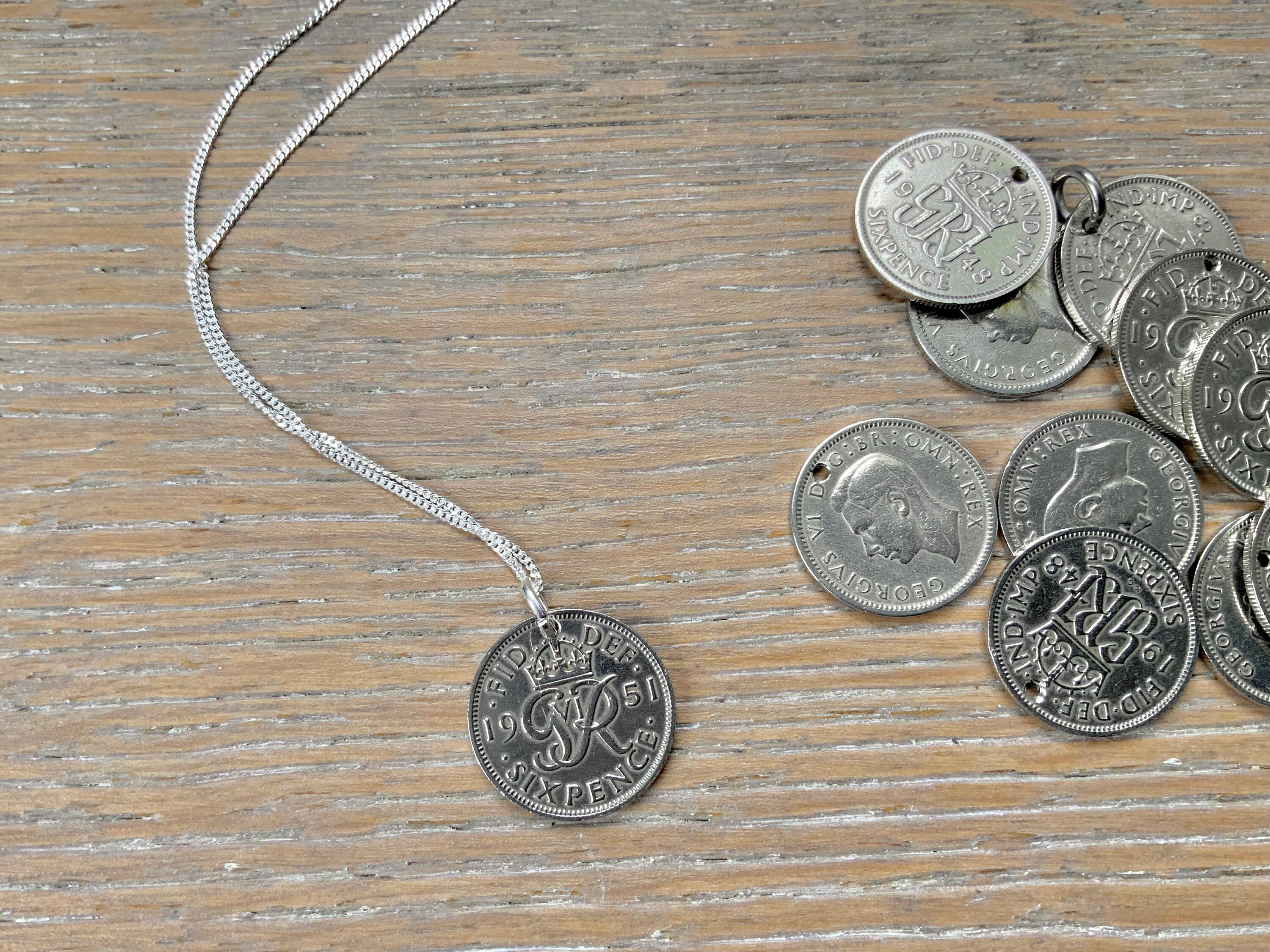 British lucky sixpence necklace on a sterling silver chain, choose coin