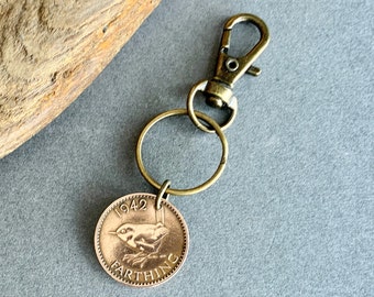 Wren Farthing British coin keyring or clip, 1940 - 1951 choose coin year for a perfect gift