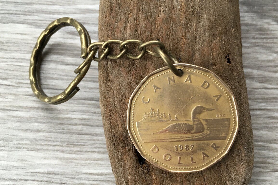 Canadian coin keychain, 1987, 1988, 1989, 1990 canada looney keyring