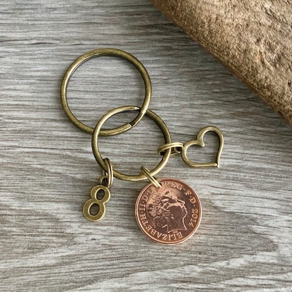 2014 UK penny keyring, keychain or clip, 8th anniversary gift, bronze eighth anniversary present