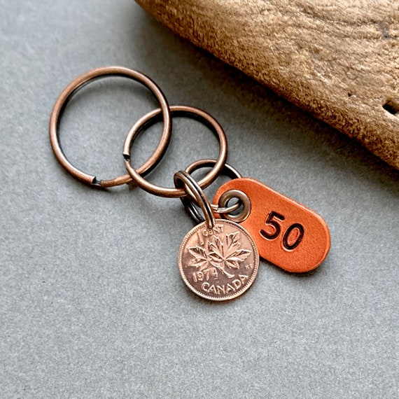 50th birthday gift, a 1974 Canadian penny clip, Canada lucky coin key ring, 50th anniversary present for a man or woman