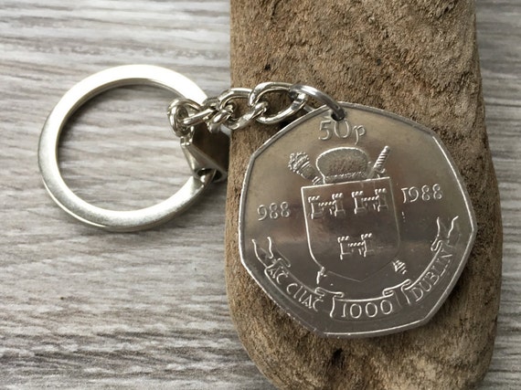 1988 Irish fifty pence coin keyring celebrating 1000th anniversary of Dublin, 36th birthday gift, Ireland’s fair city