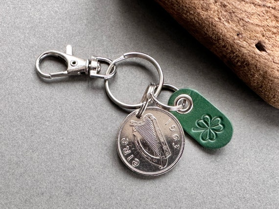 1963 Irish Florin with a green shamrock key chain, Ireland coin key ring or clip, perfect for a 61st birthday or anniversary