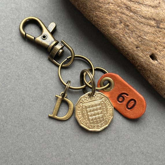 1964 British brass threepence coin keychain, keyring or clip, a great gift for 60th birthday in 2024, 1964 lucky birth year coin